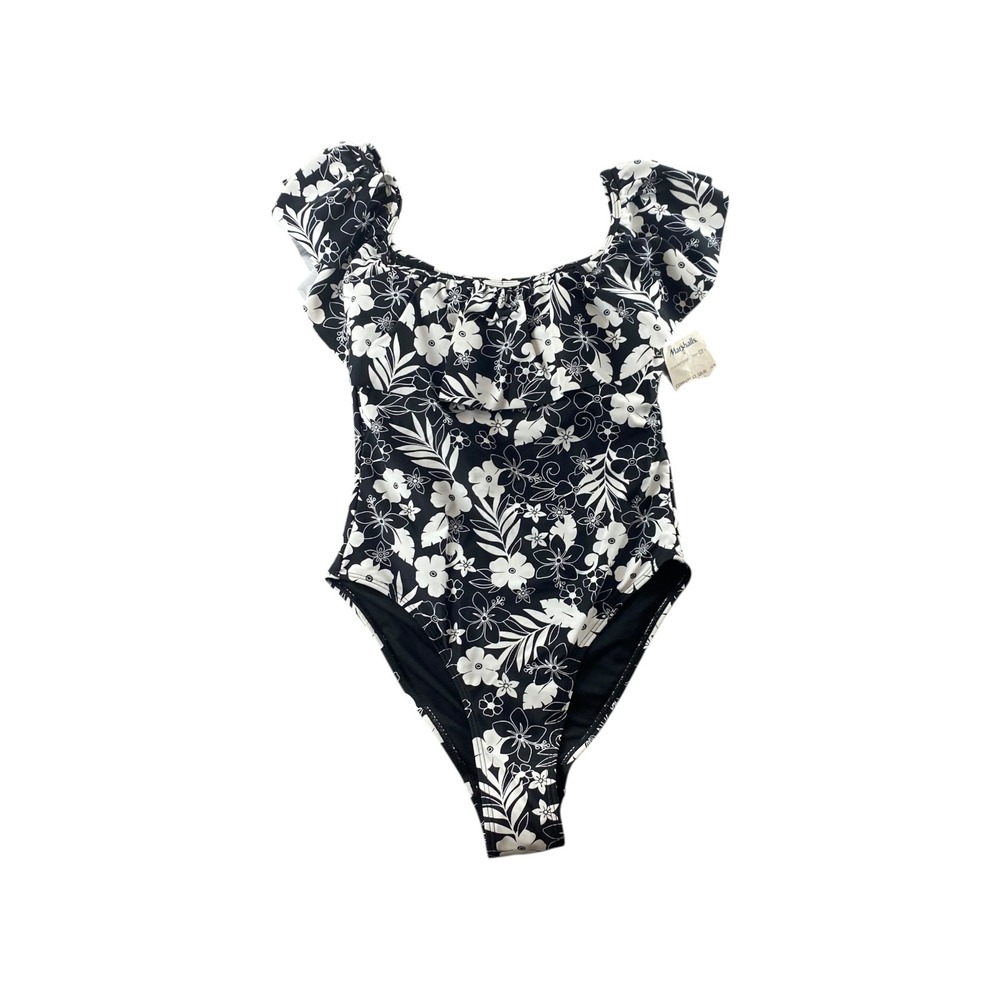 NWT Cabana del Sol Black White Floral Off Shoulder Ruffle One Piece Swimsuit SM